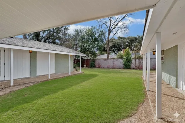 a backyard of a house with plants and large tree