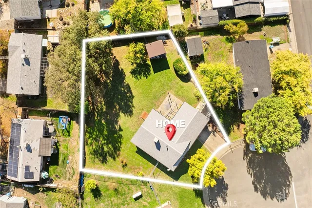 an aerial view of a swimming pool