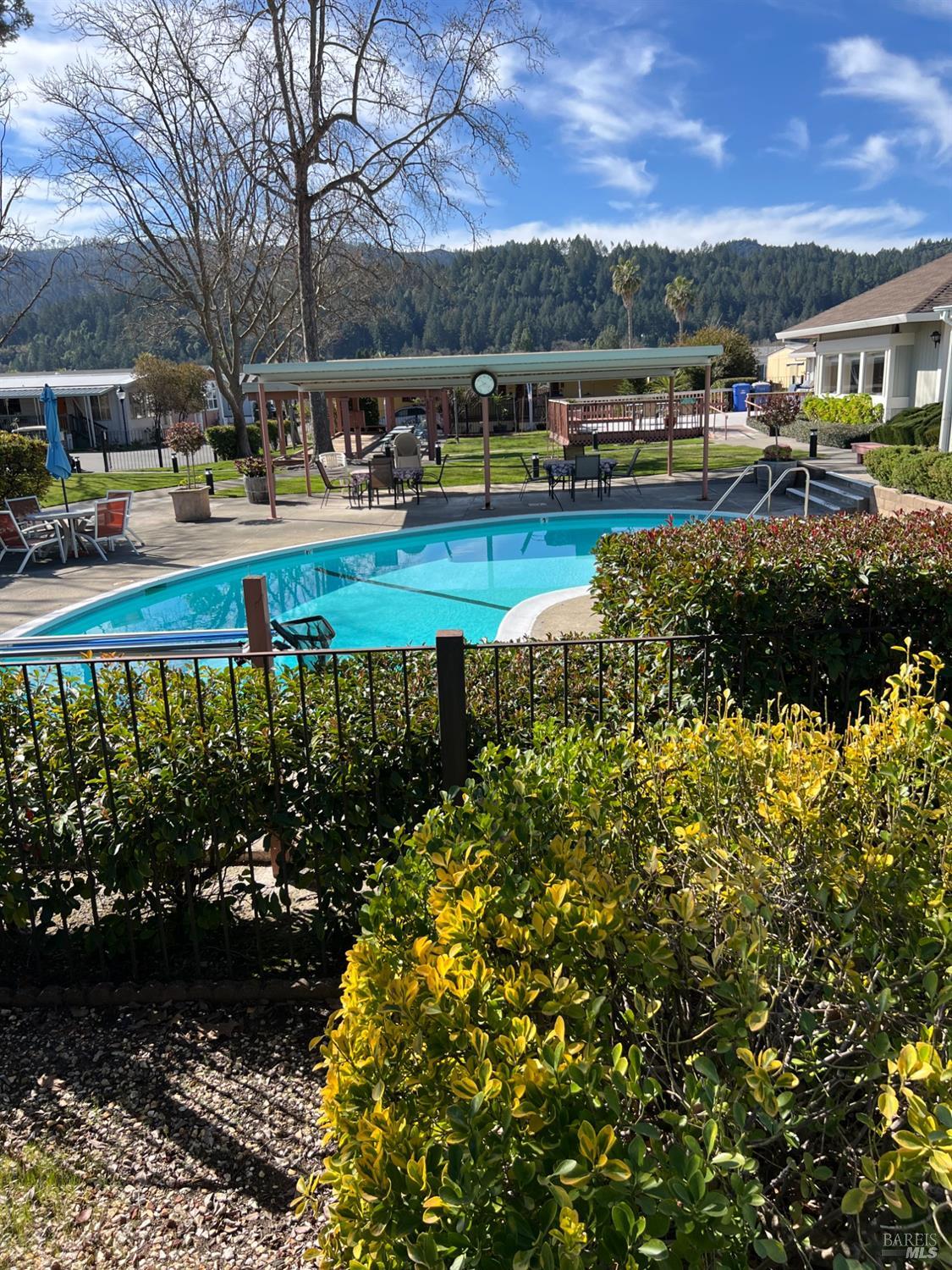 a view of swimming pool with outdoor seating and a garden
