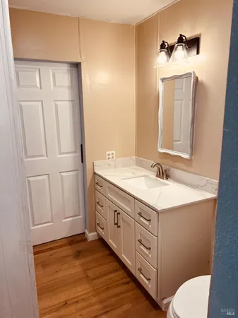 a bathroom with a sink a toilet and mirror