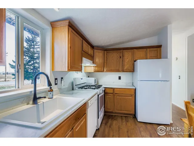 a kitchen with a sink a refrigerator a window and cabinets