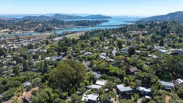 an aerial view of a houses with a lush green hillside