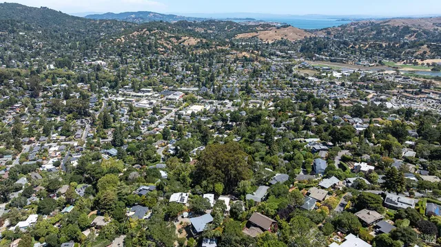 an aerial view of a houses with a lush green hillside
