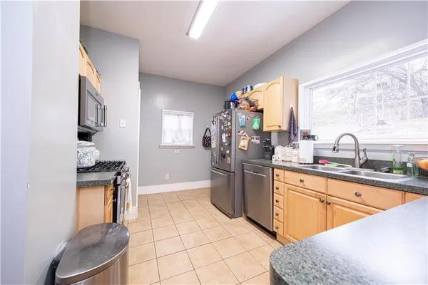 a kitchen with a sink a stove and a refrigerator