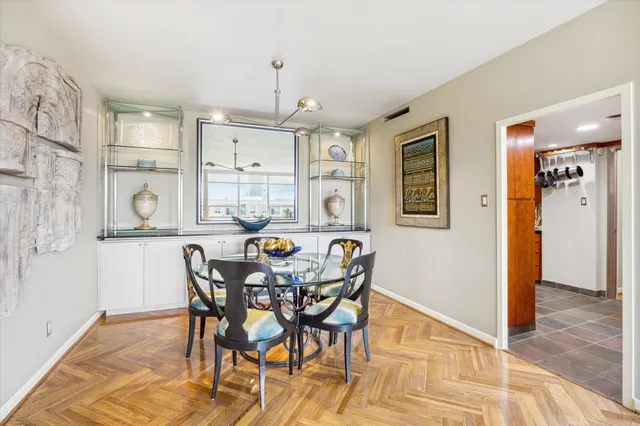 a view of a dining room with furniture