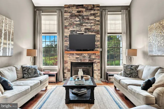 a living room with furniture a rug and a wall painting