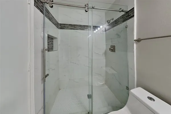 a bathroom with a shower and toilet