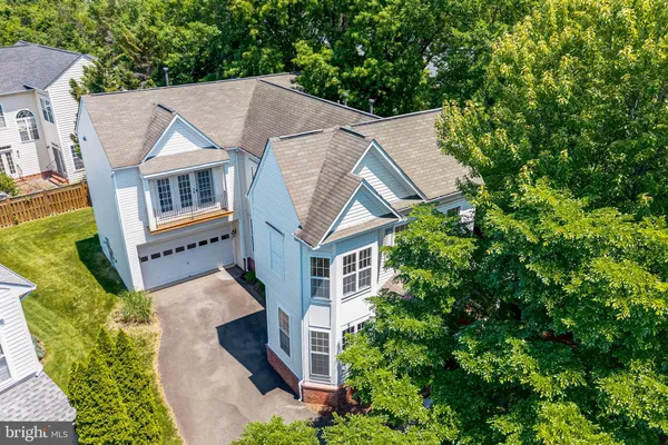 a aerial view of a house with a yard and potted plants