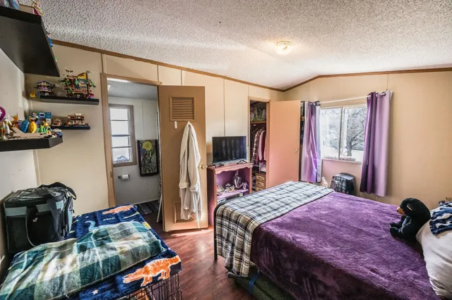 a bedroom with bed and a closet