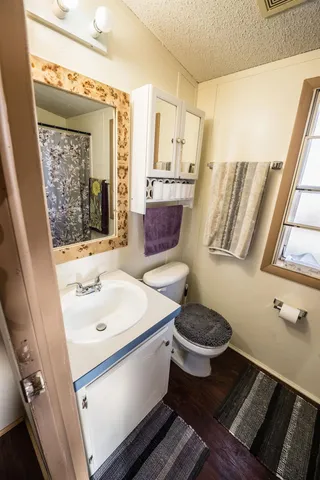 a bathroom with a sink toilet and mirror