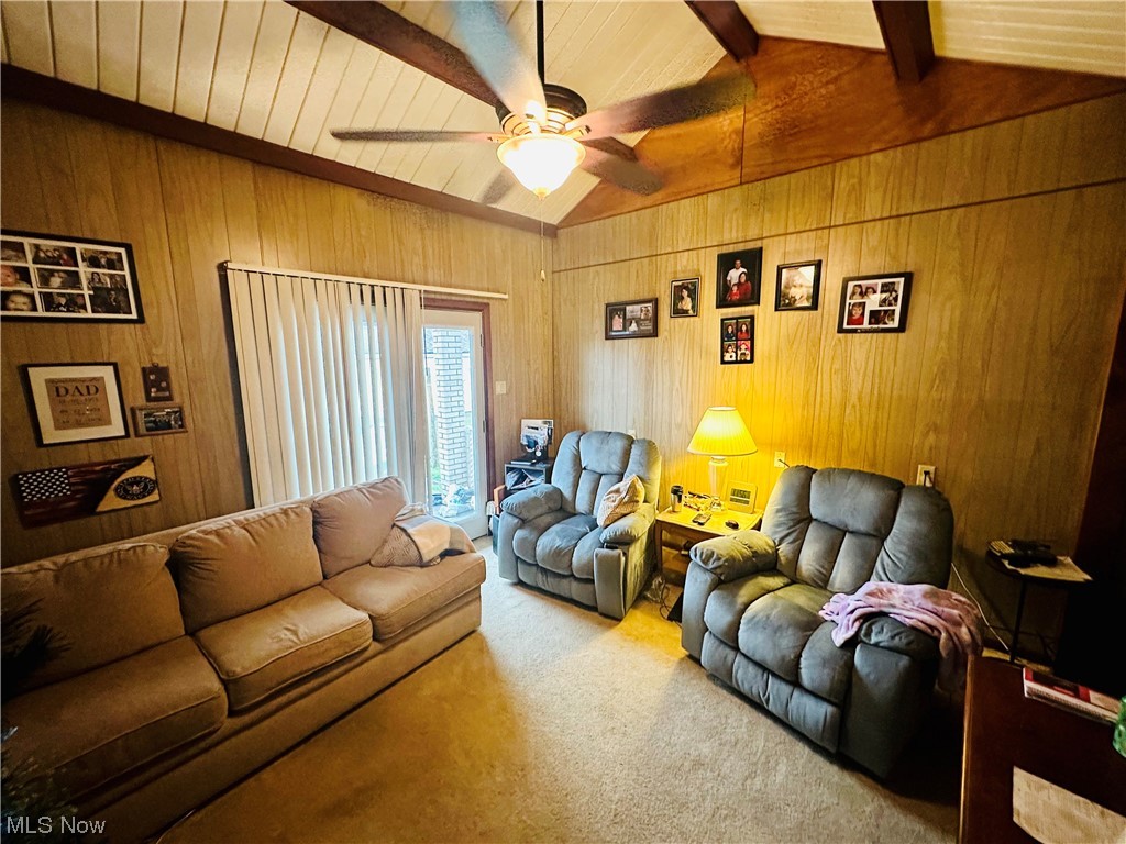 351 Rockdale Road Follansbee, WV 26037 - Photo 17 of 18 Living room with wooden walls, carpet flooring, wooden ceiling, and ceiling fan