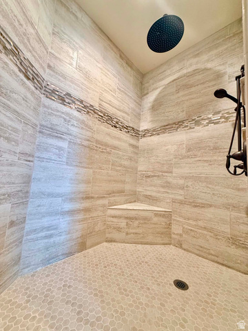 2101 Goose Ranch Road Vernal, UT 84078 - Photo 29 of 72 Walk-in shower with large-format tile walls, decorative mosaic accent band, and hexagonal floor tiles
