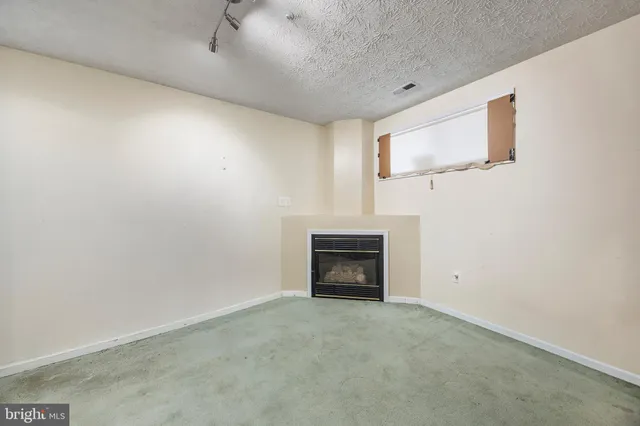 a view of empty room with a fireplace
