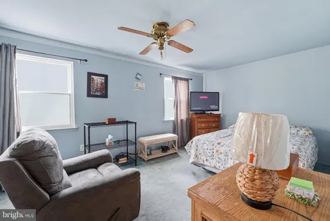 a bedroom with furniture and a ceiling fan
