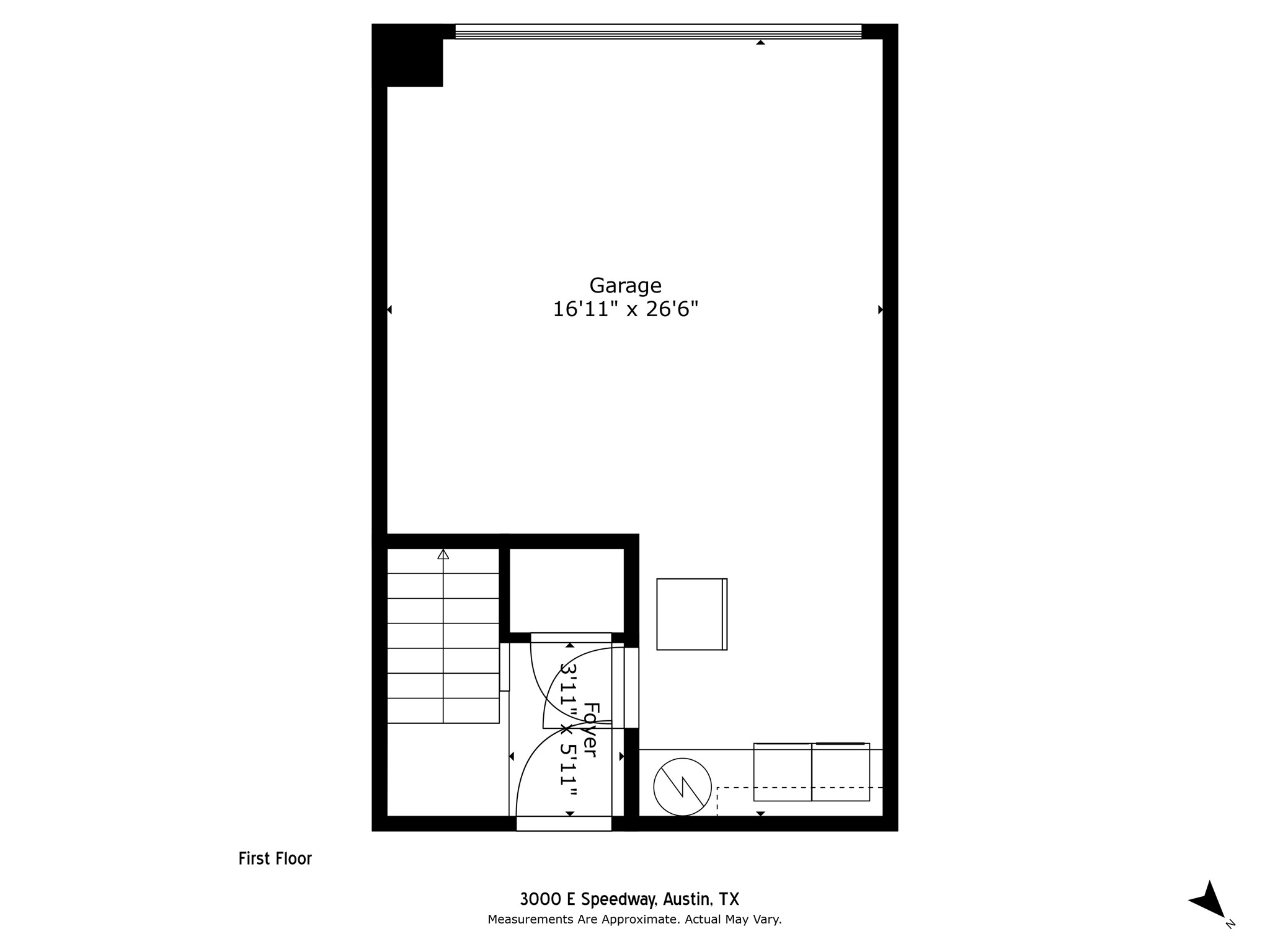 3000 Speedway Street, Unit E Austin, TX 78705 - Photo 14 of 16 A clear, detailed floor plan illustrating the first-floor layout, including garage and foyer dimensions.