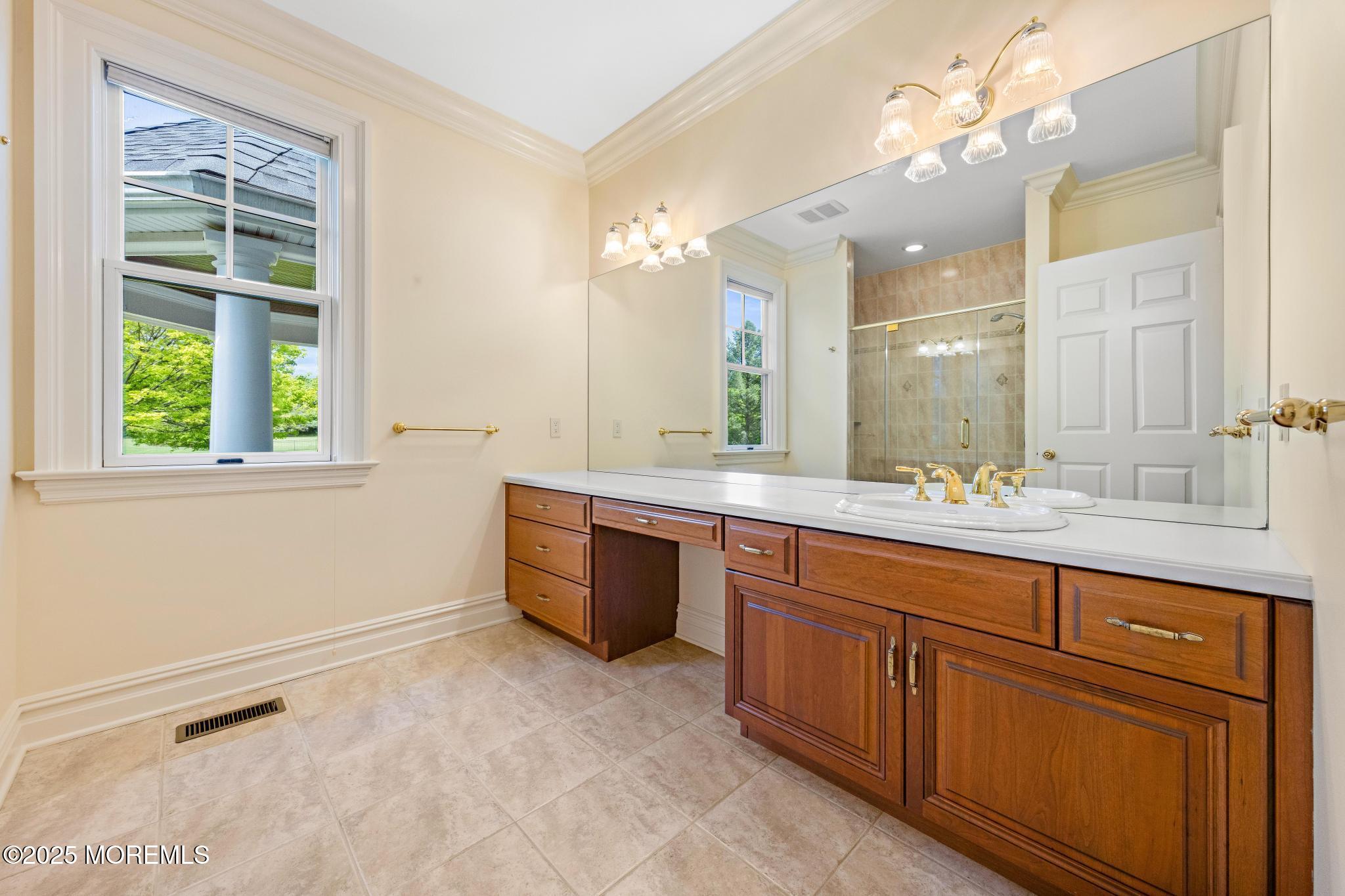 13 Driftwood Lane Colts Neck, NJ 07722 - Photo 30 of 88 a bathroom with a granite countertop sink a large mirror and a bathtub