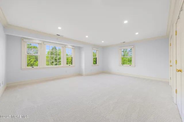 a view of a yard with large trees