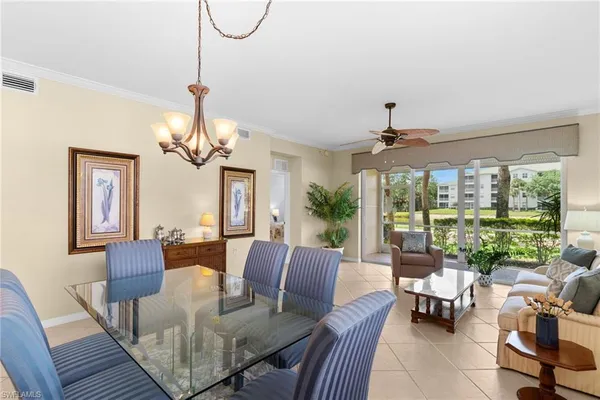 a view of a dining room with furniture window and outside view