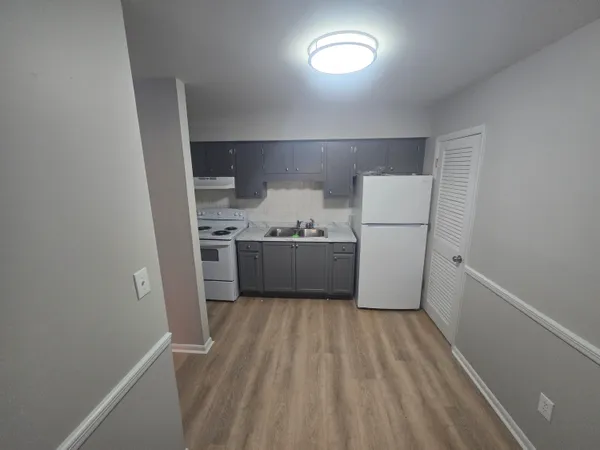 a kitchen with a refrigerator a sink and cabinets