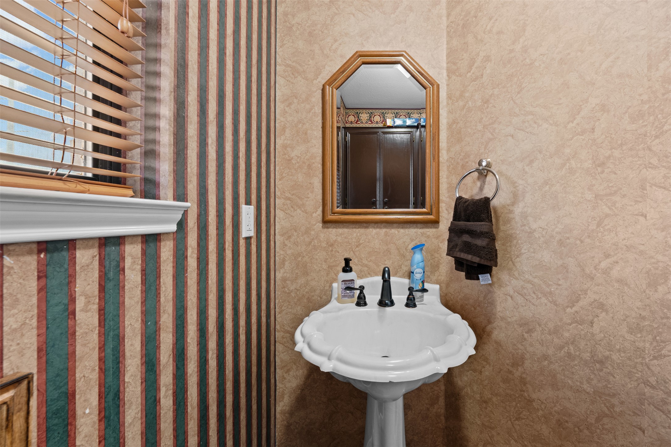 1512 Panther Loop Pflugerville, TX 78660 - Photo 28 of 40 A quaint washroom featuring a classic pedestal sink and elegant wood-framed mirror.