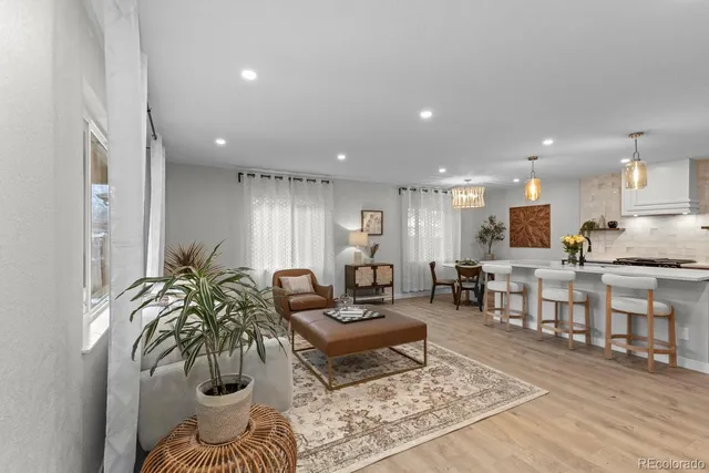 a living room with furniture and a potted plant