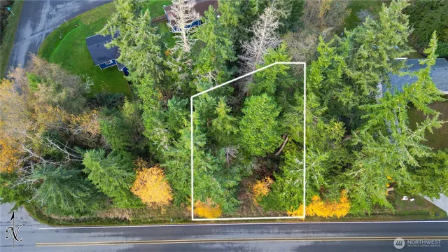 an aerial view of a house with a yard and lake view