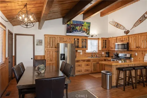 a view of a dining room with furniture