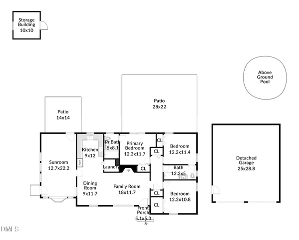 a view of fountain with large trees