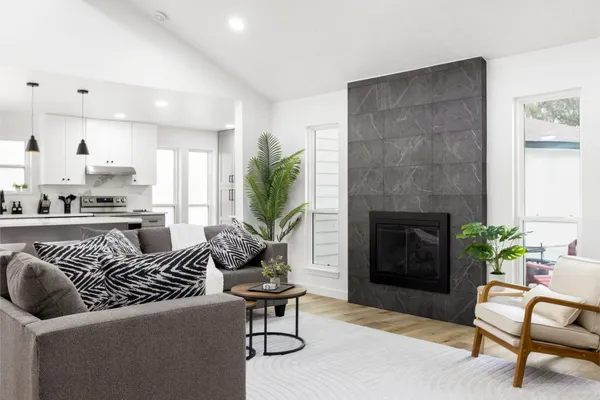 a living room with furniture and a fireplace