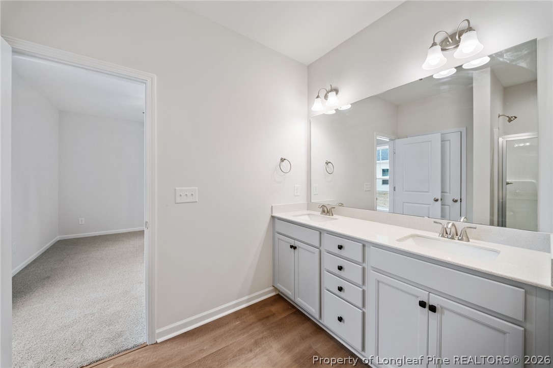 4044 Lofton Street Wade, NC 28395 - Photo 13 of 33 a bathroom with a double vanity sink and a mirror