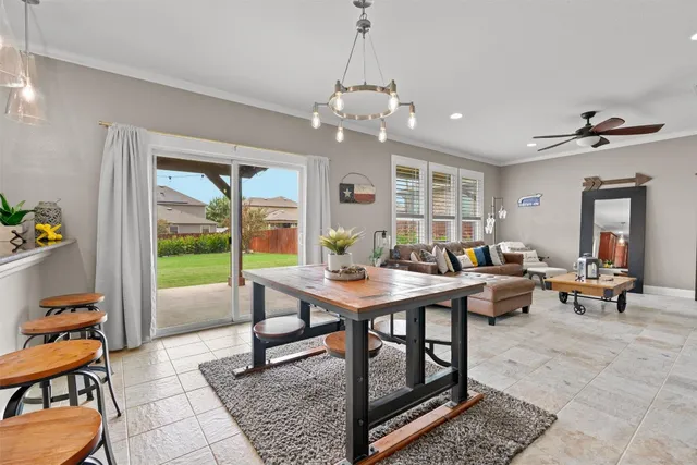 a view of a dining room with furniture window and outside view