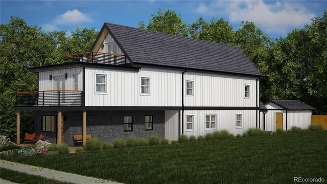 a white house with tall trees in the background