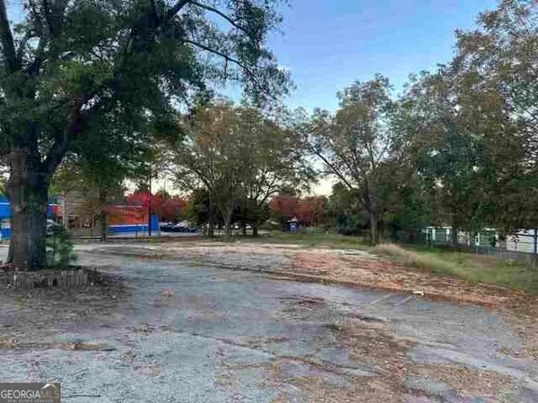 a view of a yard with large trees