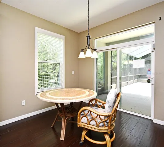 a view of a dining room with furniture window and wooden floor