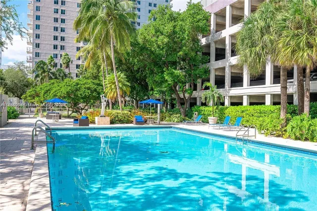 a view of a swimming pool with a garden