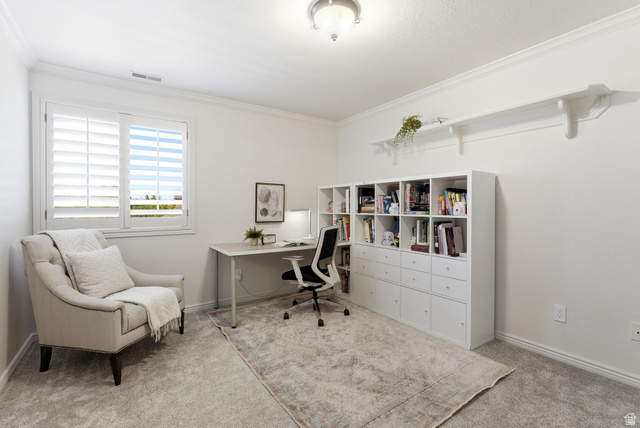 1712 Somerset Ridge Drive Draper, UT 84020 - Photo 45 of 76 Bright room featuring a single window with white plantation shutters, crown molding, light-colored carpeting, a built-in wall shelf, and a built-in modular storage unit