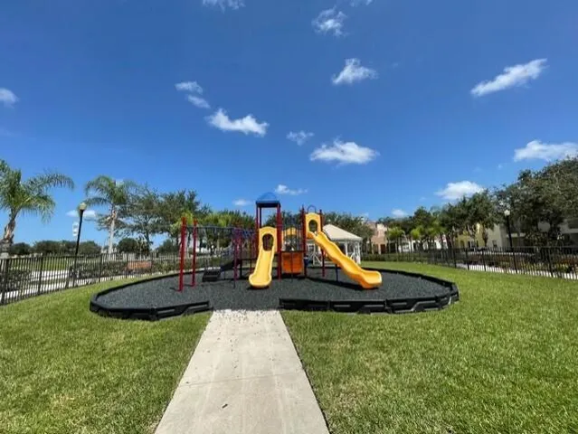 a view of a park with slide