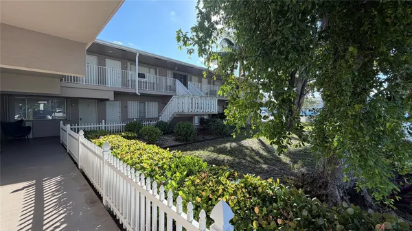 a view of a house with large trees and plants