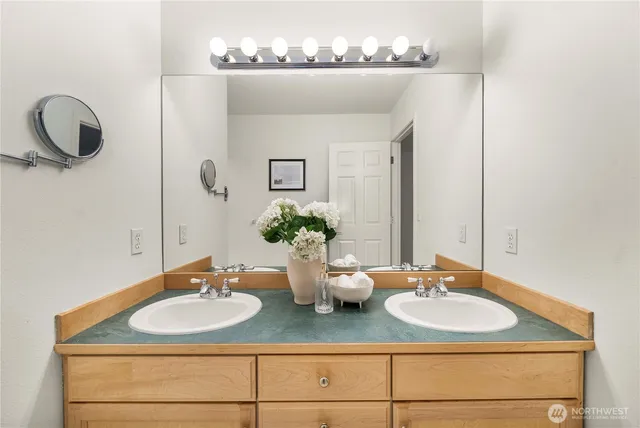 a bathroom with a sink and a mirror