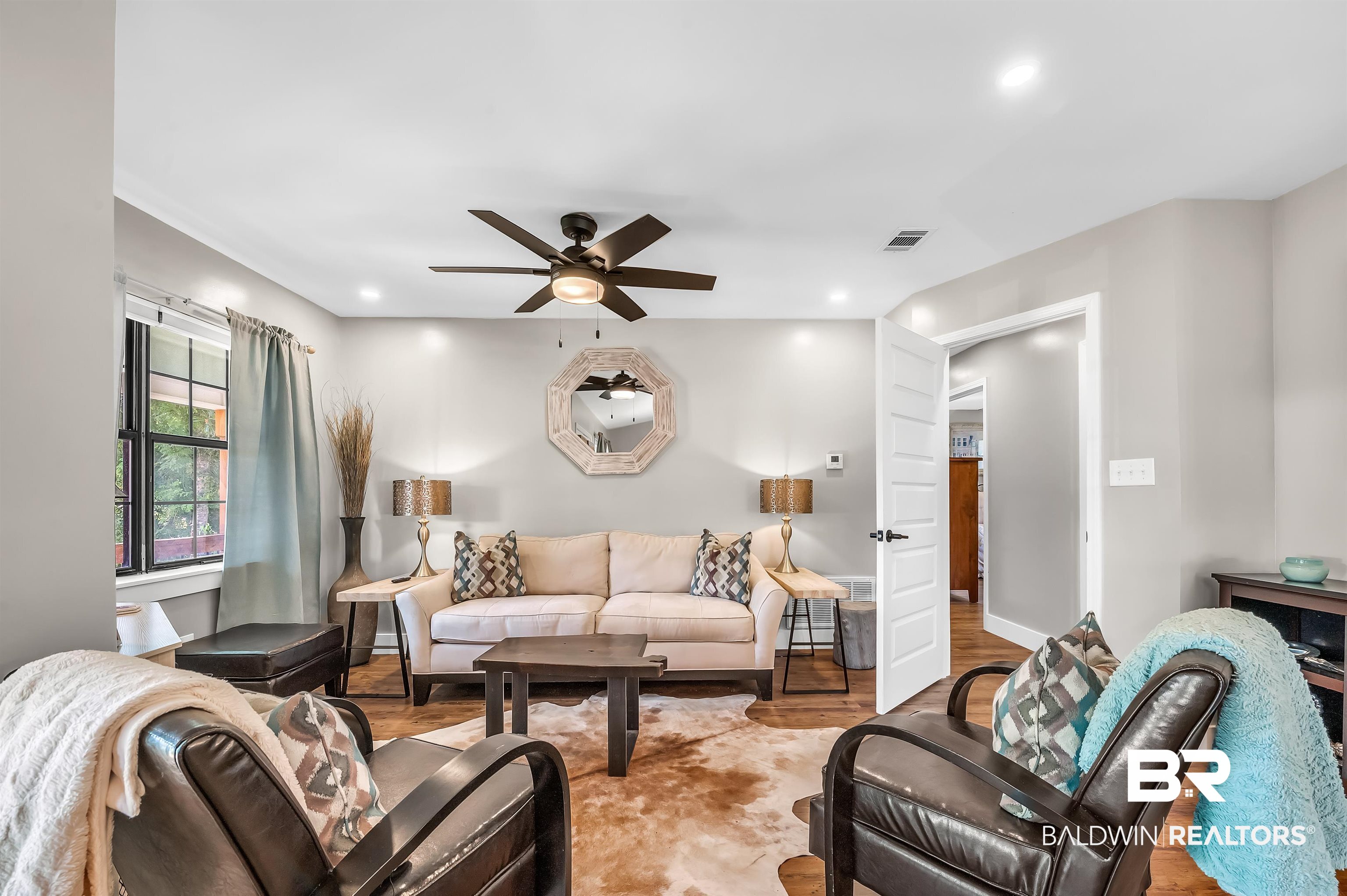 5215 Pine Road Orange Beach, AL 36561 - Photo 15 of 60 Living area featuring ceiling fan, recessed lighting, and wood finished floors