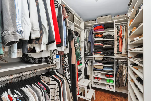 a view of walk in closet with clothes and shoes