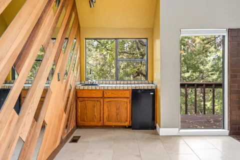 a bathroom with a shower and a toilet