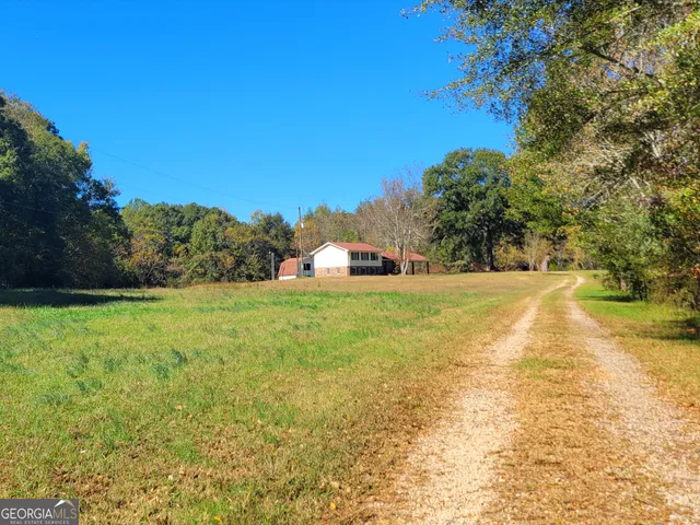 a view of a field of grass and trees