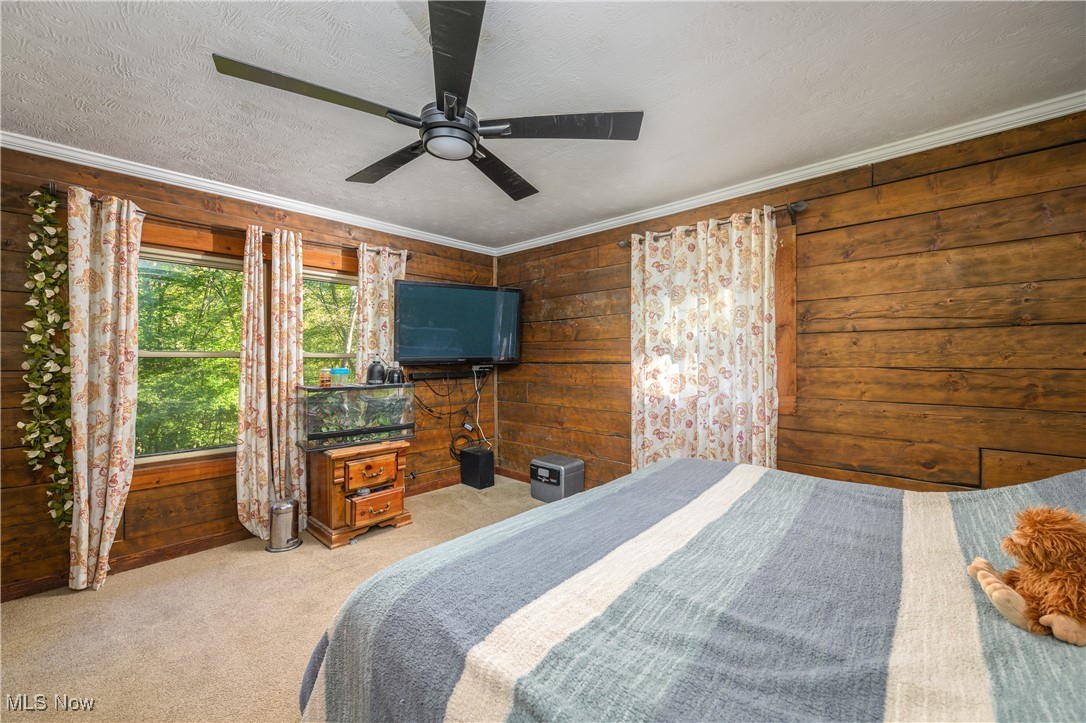 33201 Host Road Bowerston, OH 44695 - Photo 14 of 30 Bedroom featuring a textured ceiling, light colored carpet, wooden walls, ornamental molding, and ceiling fan