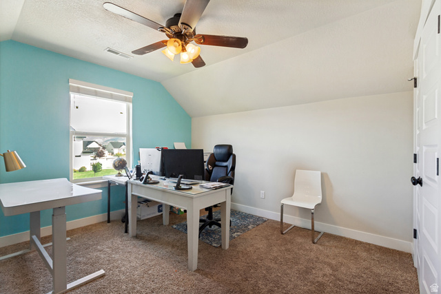 40 Wheeler Road Heber City, UT 84032 - Photo 27 of 41 Vaulted ceiling with a ceiling fan, window with blinds, and white paneled door