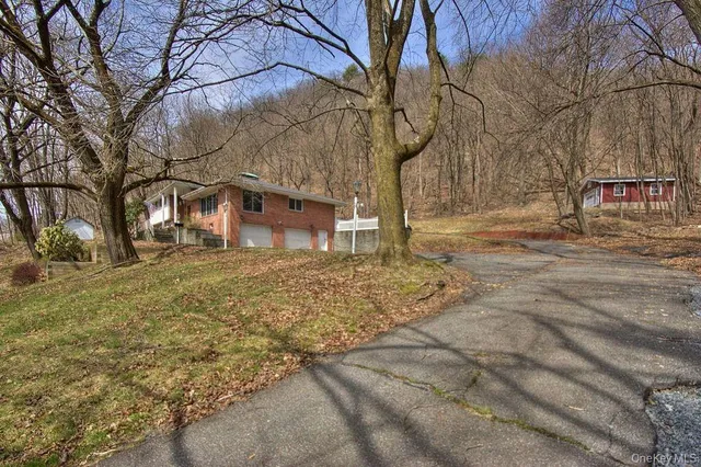 a view of a yard with a large tree