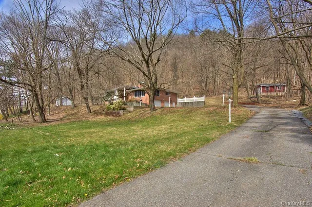 a view of a park with large trees