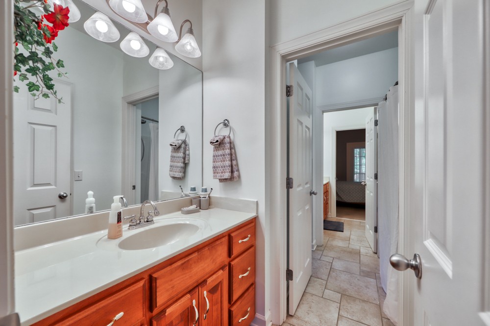 7880 Pinewood Road Fairview, TN 37062 - Photo 23 of 46 a bathroom with a sink a large mirror and a shower