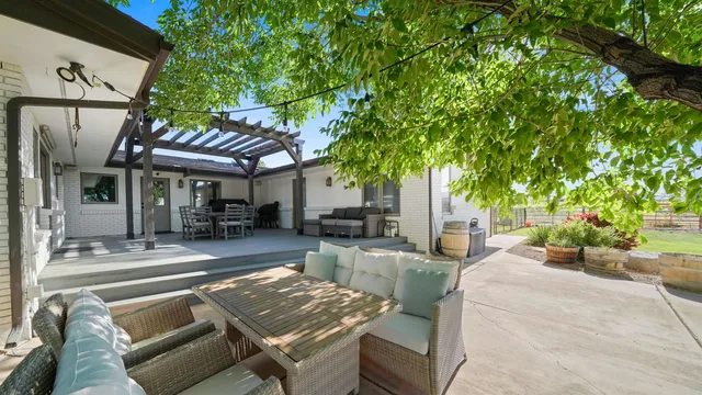 front view of a house with a patio
