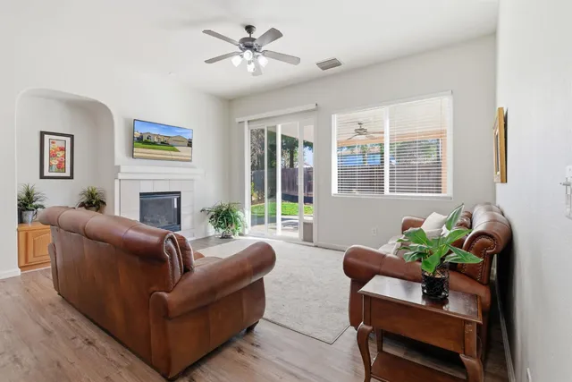 a living room with furniture a fireplace and a potted plant